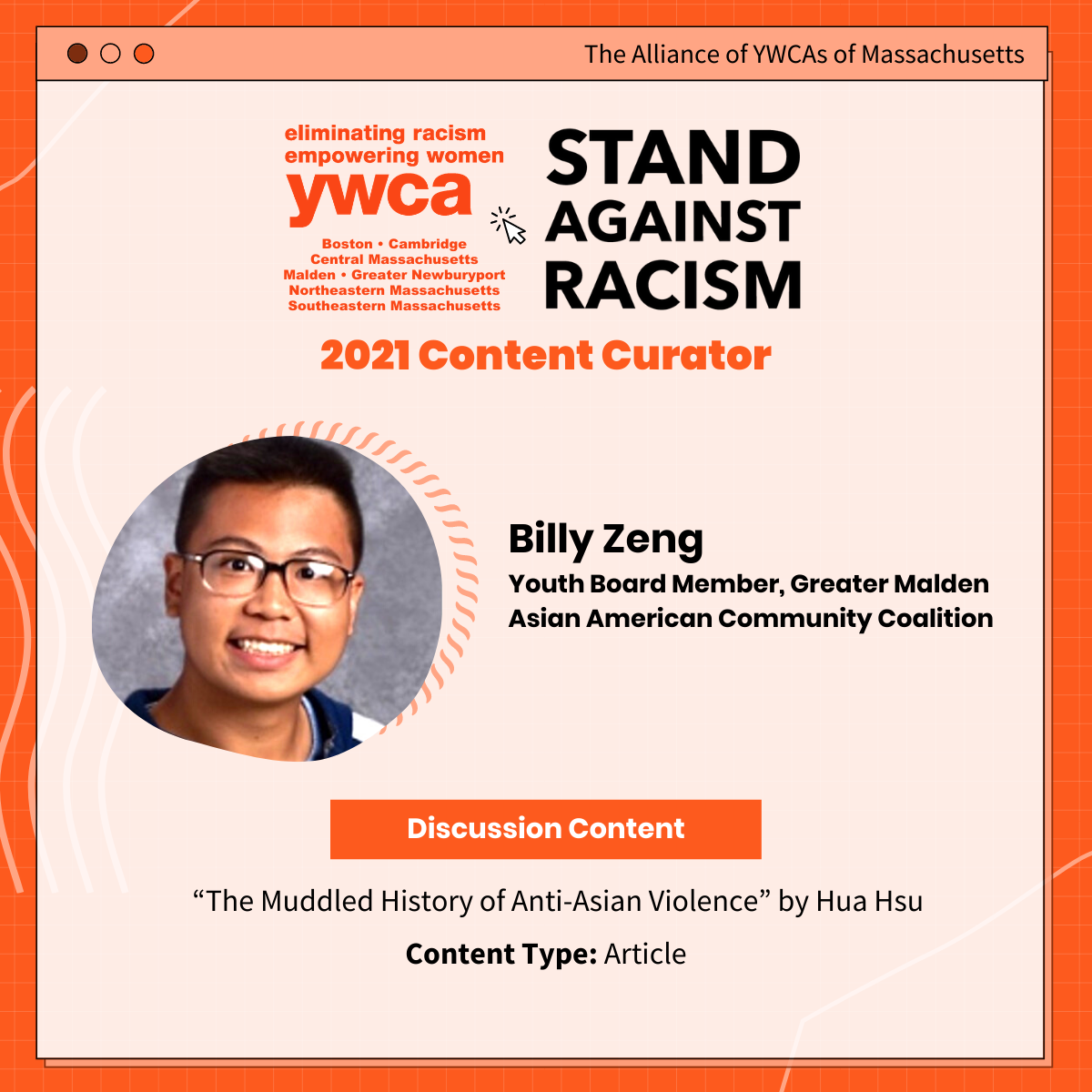 Billy Zeng, Youth Board Member, Greater Malden Asian Community Coalition