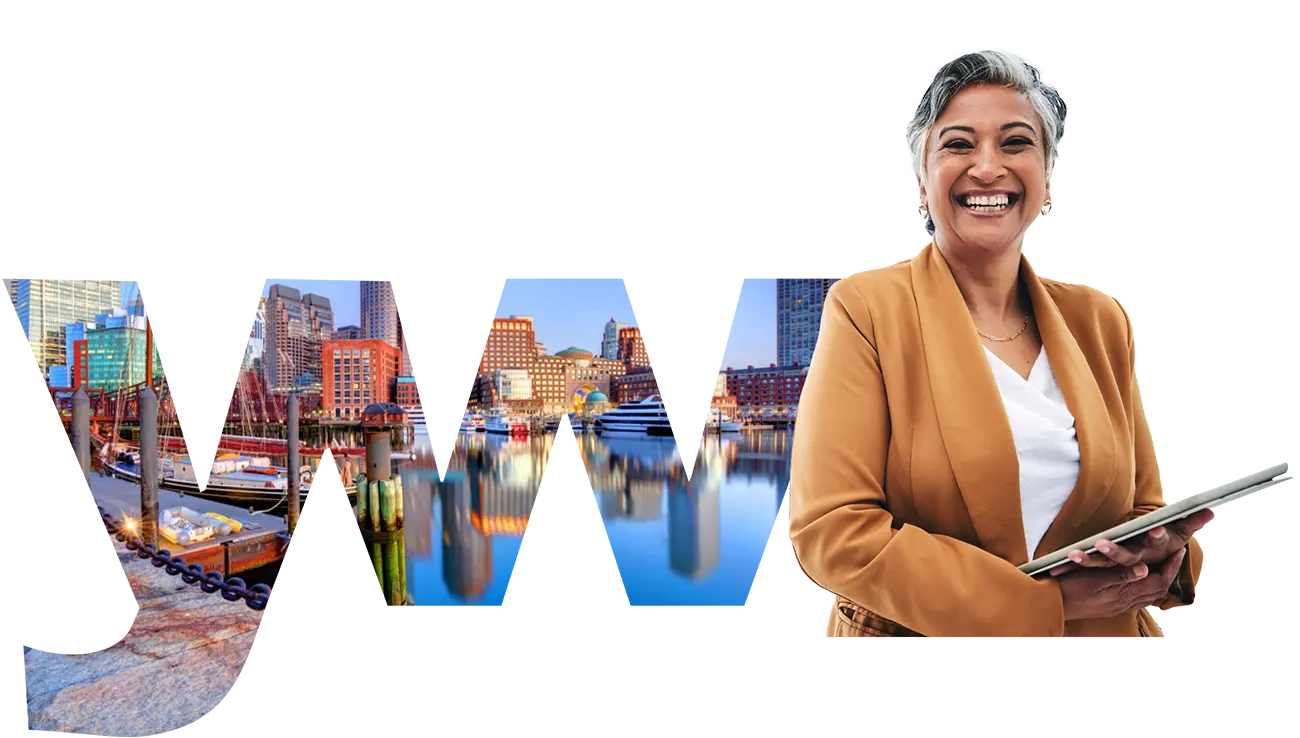 YW Boston Woman smiling with Boston city scape in backgroun